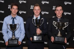 (L-R) Pro Junior (KFJ) Champion Liam McLellan, Pro Gearbox (KZ2) Champion Joey Hanssen and Pro Light (KF) Champion Matthew Waters (AF Images/Budd)
