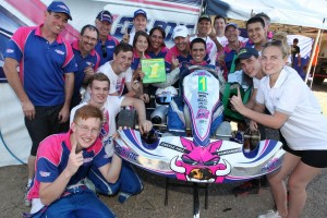 Dimitri Agathos celebrating his win in Clubman Light with the Kosmic Racing Australia team (Pic: Coopers Photography)
