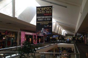 Promotion of the Save Mart Supermarkets Modesto Grand Prix is all over the city, including the Vintage Fair mall (Photo: ModestoGP.com)