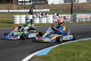 KF2 Round Winner Liam McLellan and Champion Troy Loeskow on their victory lap (Pic: Coopers Photography)