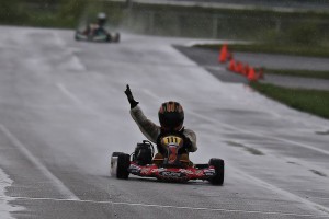 Tristan Farber was the only driver on rain tires, scoring a last lap win in Yamaha Cadet on Sunday (Photo: Kathy Churchill - Route66kartracing.com)