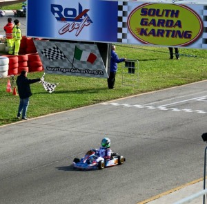 Jak Crawford taking the victory in his final heat race at the Rok Cup International Final (Photo: J. Crawford)