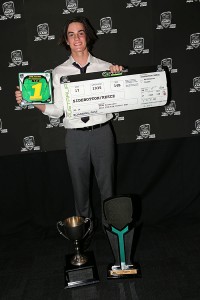 Reece Sidebottom with the #1 plate, Jon Targett Perpetual trophy and boarding pass to be a part of Team Australia at the 2016 CIK-FIA Winter Cup (Pic: Coopers Photography)