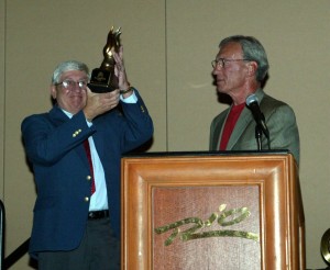 Janowski received an award from Jim Murley during the SKUSA ProMoto Tour banquet in 2001, honoring his dedication in founding the organization (Photo: Jeff Deskins)