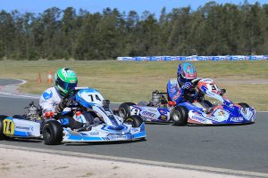 Jace Matthews and Broc Feeney side by side as they crossed the line in the KA2 final (Pic: Coopers Photography)